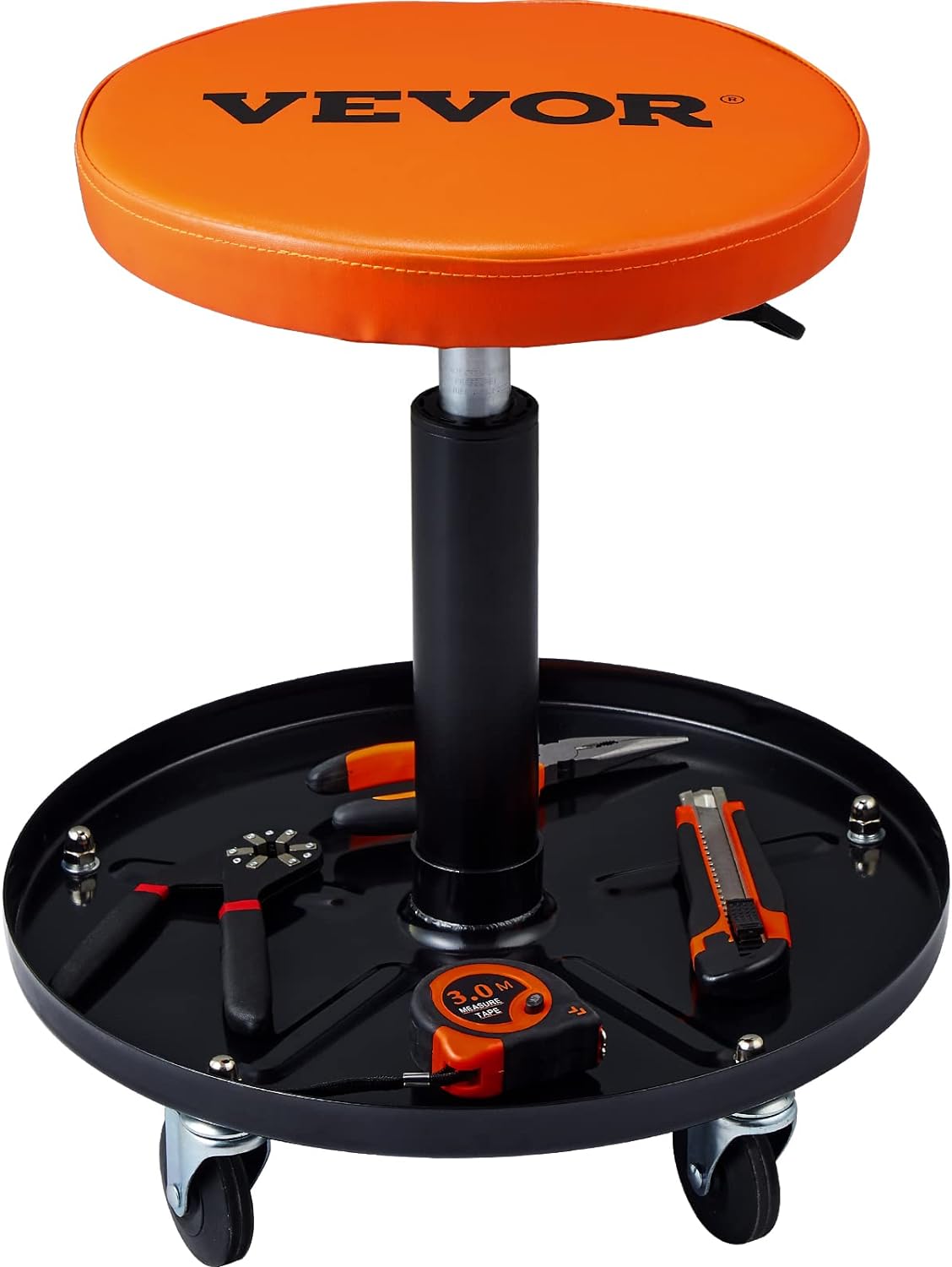 VEVOR Mechanic Stool, 250 LBS Rolling Pneumatic Creeper Garage/Shop Seat, Adjustable Height 16-22 inch in Padded Rolling Workshop Stool with Tool Tray, for Garage, Shop, Auto Repair, Black+Orange-0