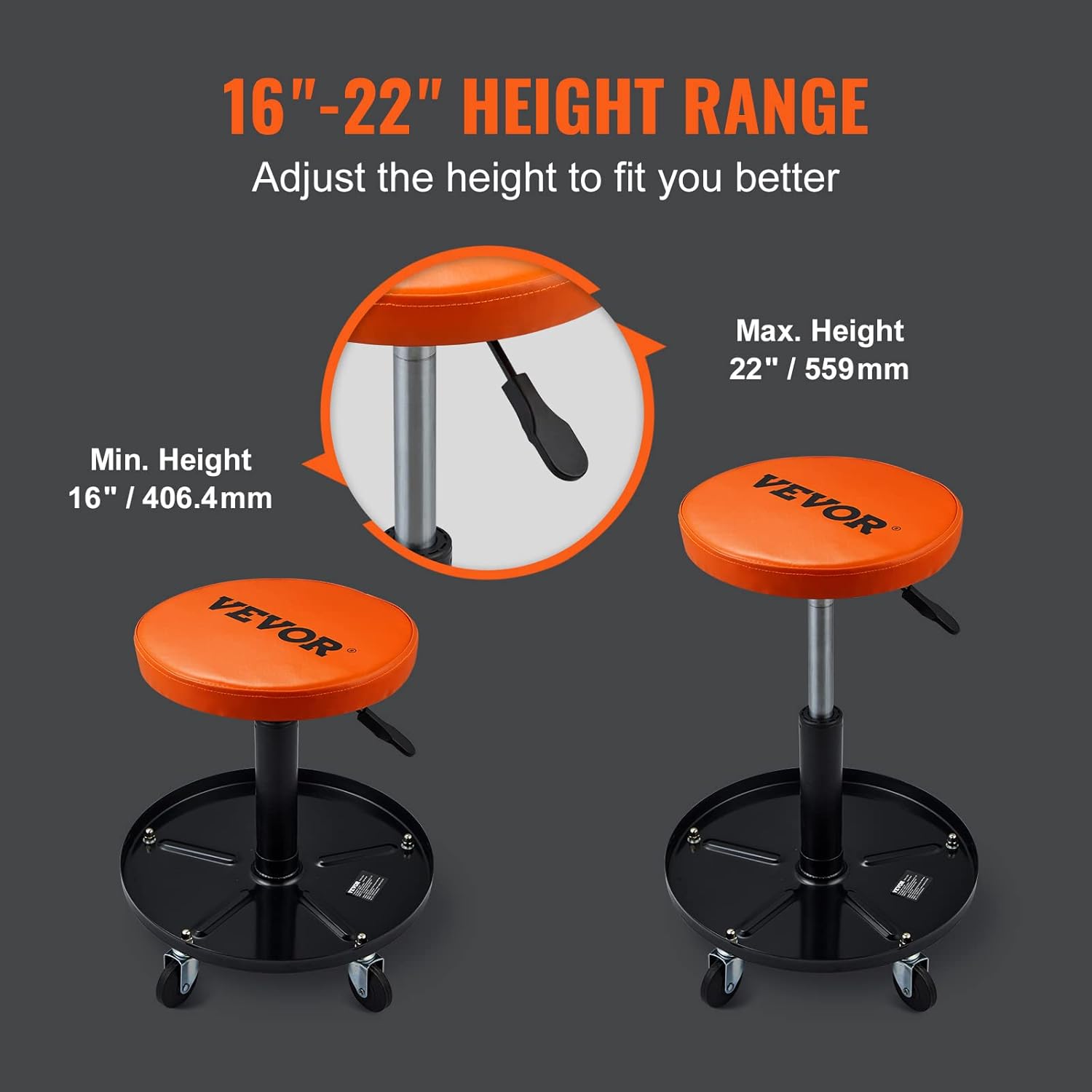 VEVOR Mechanic Stool, 250 LBS Rolling Pneumatic Creeper Garage/Shop Seat, Adjustable Height 16-22 inch in Padded Rolling Workshop Stool with Tool Tray, for Garage, Shop, Auto Repair, Black+Orange-2