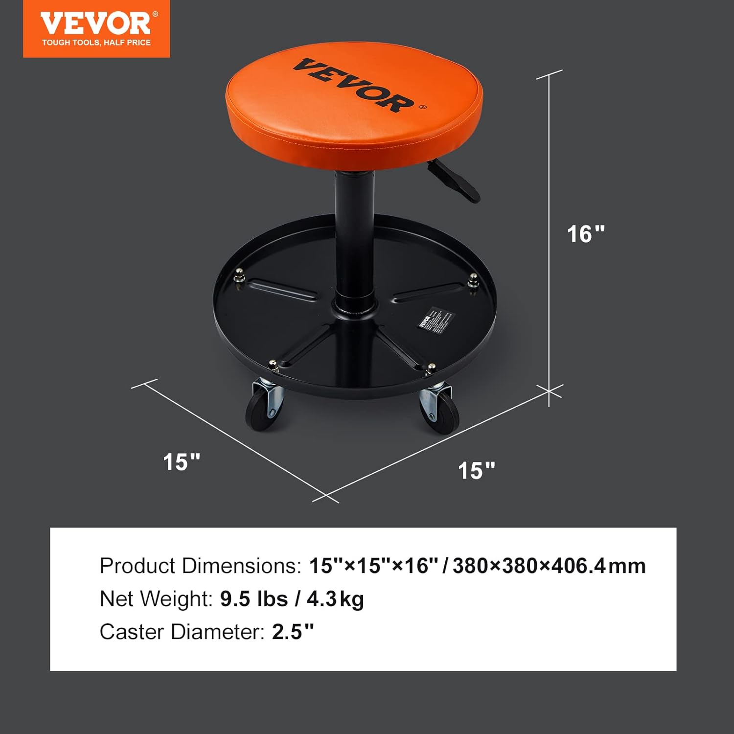 VEVOR Mechanic Stool, 250 LBS Rolling Pneumatic Creeper Garage/Shop Seat, Adjustable Height 16-22 inch in Padded Rolling Workshop Stool with Tool Tray, for Garage, Shop, Auto Repair, Black+Orange-6