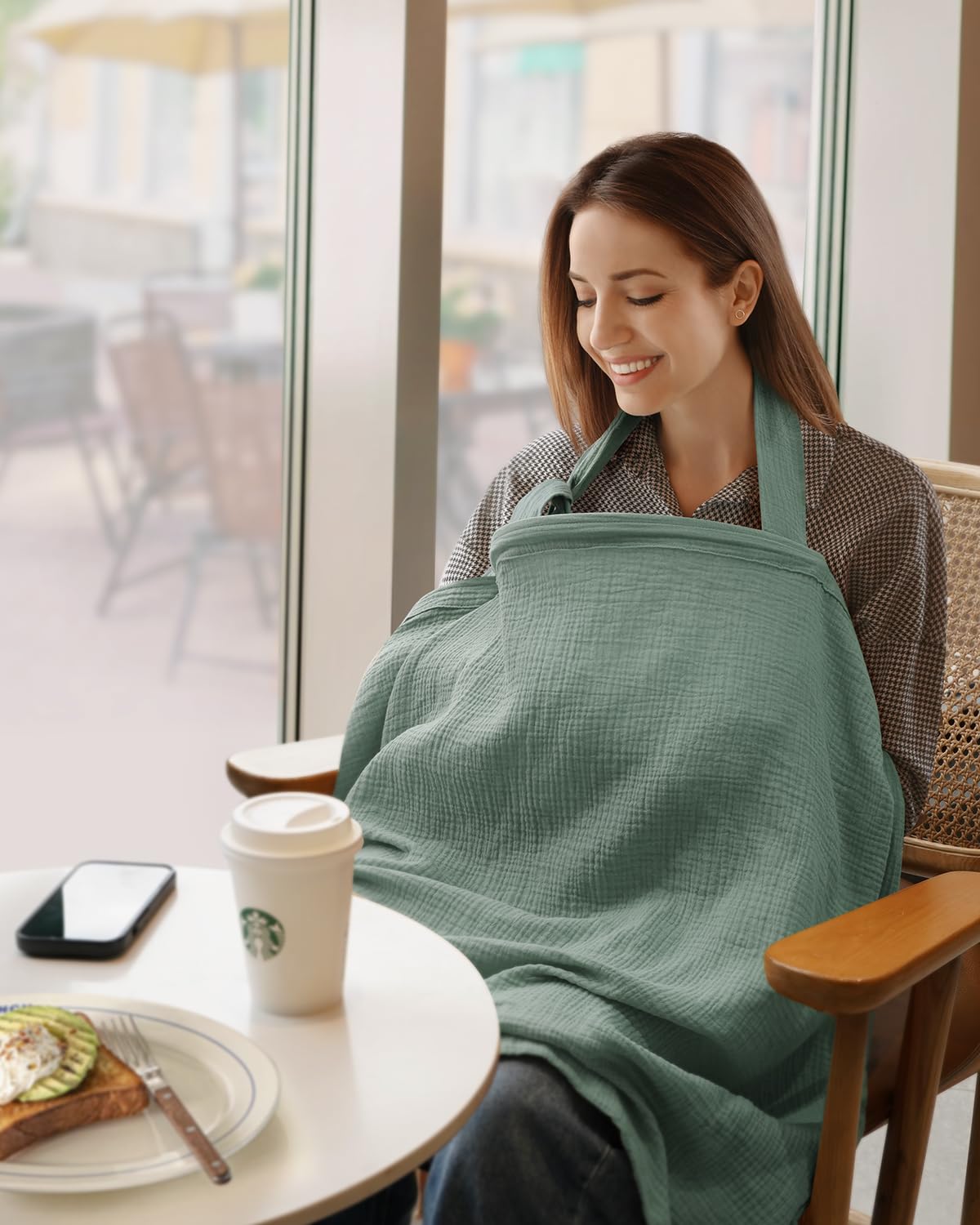 Blissful Diary Muslin Nursing Cover for Breastfeeding, Breathable Breastfeeding Cover up with Arch Neckline for Women, Nursing Apron (Roman Green)-3