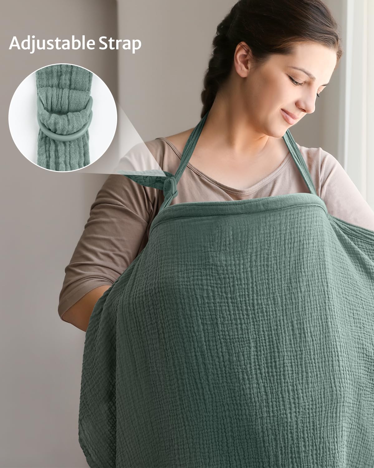 Blissful Diary Muslin Nursing Cover for Breastfeeding, Breathable Breastfeeding Cover up with Arch Neckline for Women, Nursing Apron (Roman Green)-5