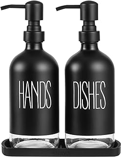 Kitchen Soap Dispenser Set with Tray, Hand and Dish Soap Dispenser for Kitchen Sink, Stainless Steel Pump, 16 Oz Glass Soap Dispenser Bathroom, Modern Farmhouse Kitchen Decor (Black)