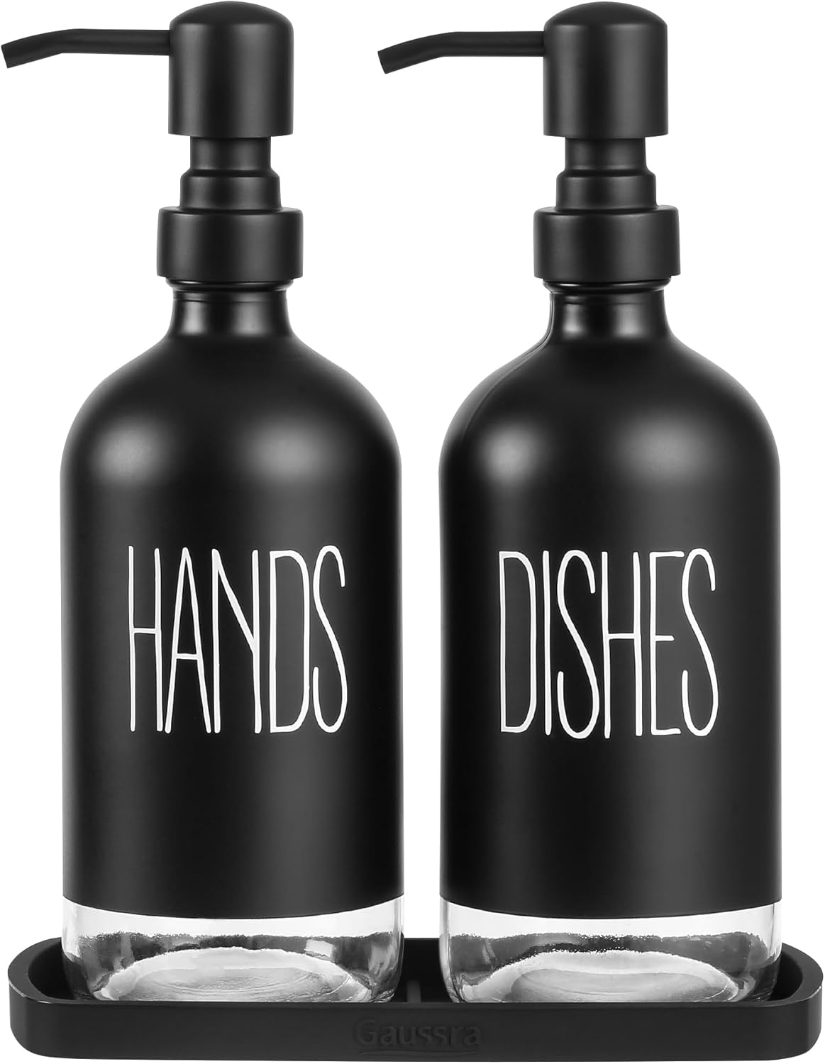 Kitchen Soap Dispenser Set with Tray, Hand and Dish Soap Dispenser for Kitchen Sink, Stainless Steel Pump, 16 Oz Glass Soap Dispenser Bathroom, Modern Farmhouse Kitchen Decor (Black)-0