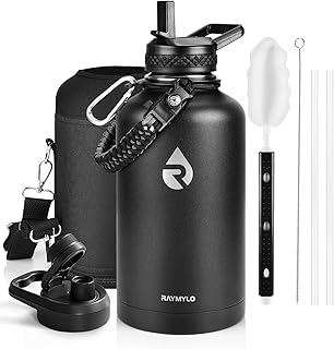 Insulated Water Bottle 64 oz, Triple Wall Vacuum Stainless Steel (Cold for 48 Hrs), Leak Proof & Non-BPA, Half Gallon Water Flask Jug with Paracord Handle & Straw Spout Lids, Magic Black