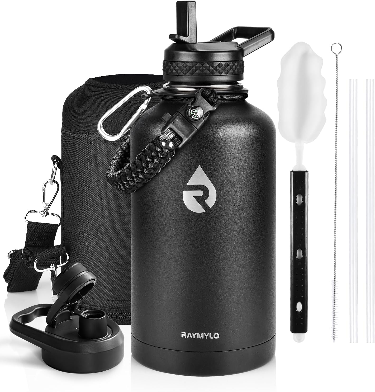 Insulated Water Bottle 64 oz, Triple Wall Vacuum Stainless Steel (Cold for 48 Hrs), Leak Proof & Non-BPA, Half Gallon Water Flask Jug with Paracord Handle & Straw Spout Lids, Magic Black-0