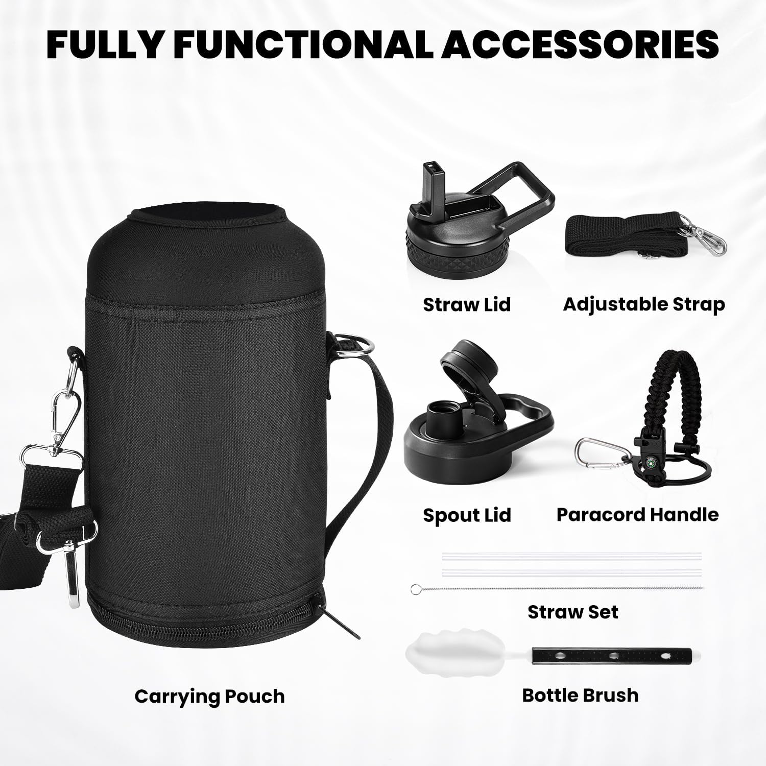 Insulated Water Bottle 64 oz, Triple Wall Vacuum Stainless Steel (Cold for 48 Hrs), Leak Proof & Non-BPA, Half Gallon Water Flask Jug with Paracord Handle & Straw Spout Lids, Magic Black-5