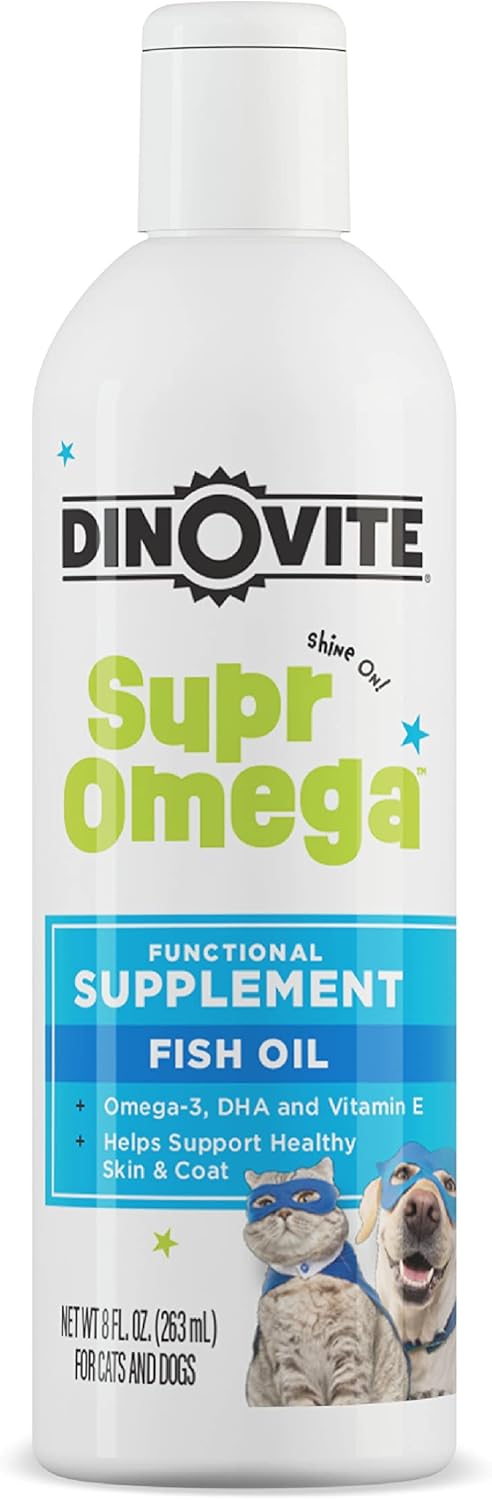 Dinovite SuprOmega Fish Oil for Dogs & Cats - Vitamin E & Omega 3 Meal Topper - Skin & Coat Health for Dogs & Cats - 8 oz-0