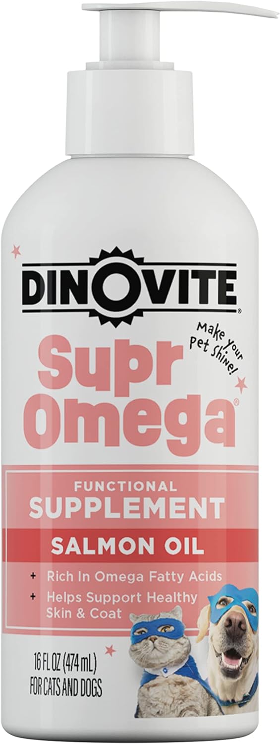 Dinovite SuprOmega Wild Caught Salmon Oil for Dogs & Cats - GMO Free Omega 3 Skin & Coat Supplement - Skin & Coat Meal Topper for Dogs & Cats - 16 oz-0