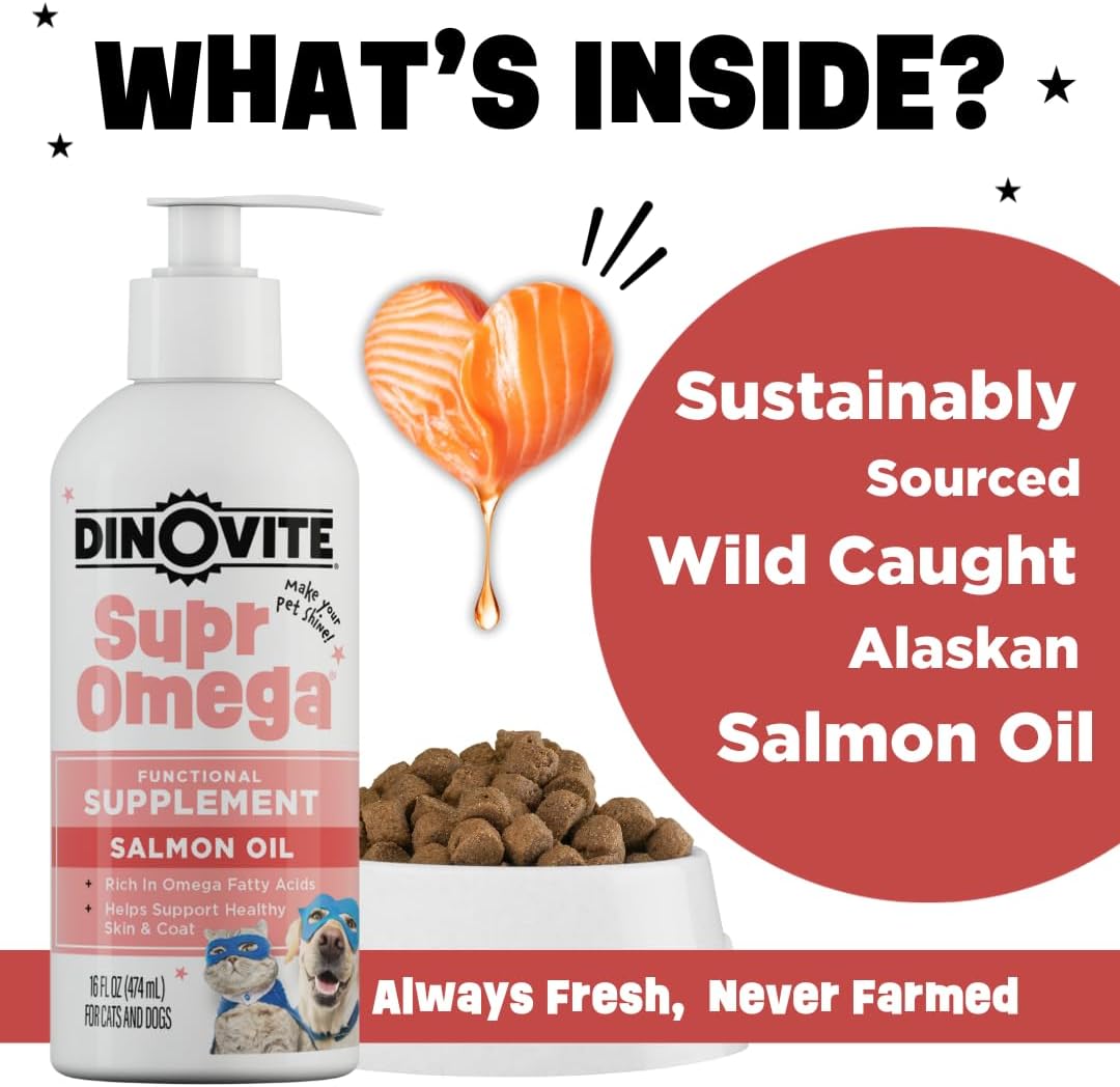 Dinovite SuprOmega Wild Caught Salmon Oil for Dogs & Cats - GMO Free Omega 3 Skin & Coat Supplement - Skin & Coat Meal Topper for Dogs & Cats - 16 oz-1