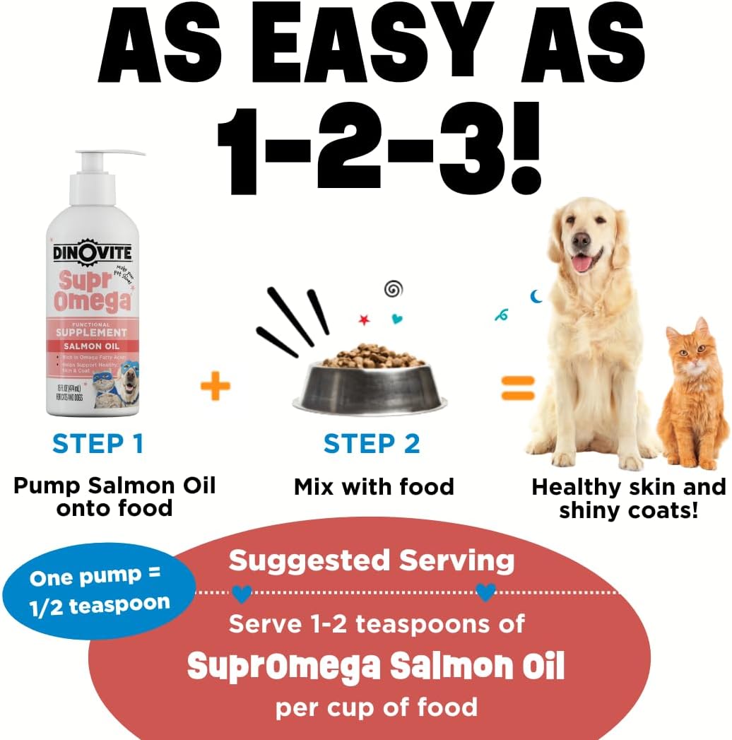 Dinovite SuprOmega Wild Caught Salmon Oil for Dogs & Cats - GMO Free Omega 3 Skin & Coat Supplement - Skin & Coat Meal Topper for Dogs & Cats - 16 oz-2