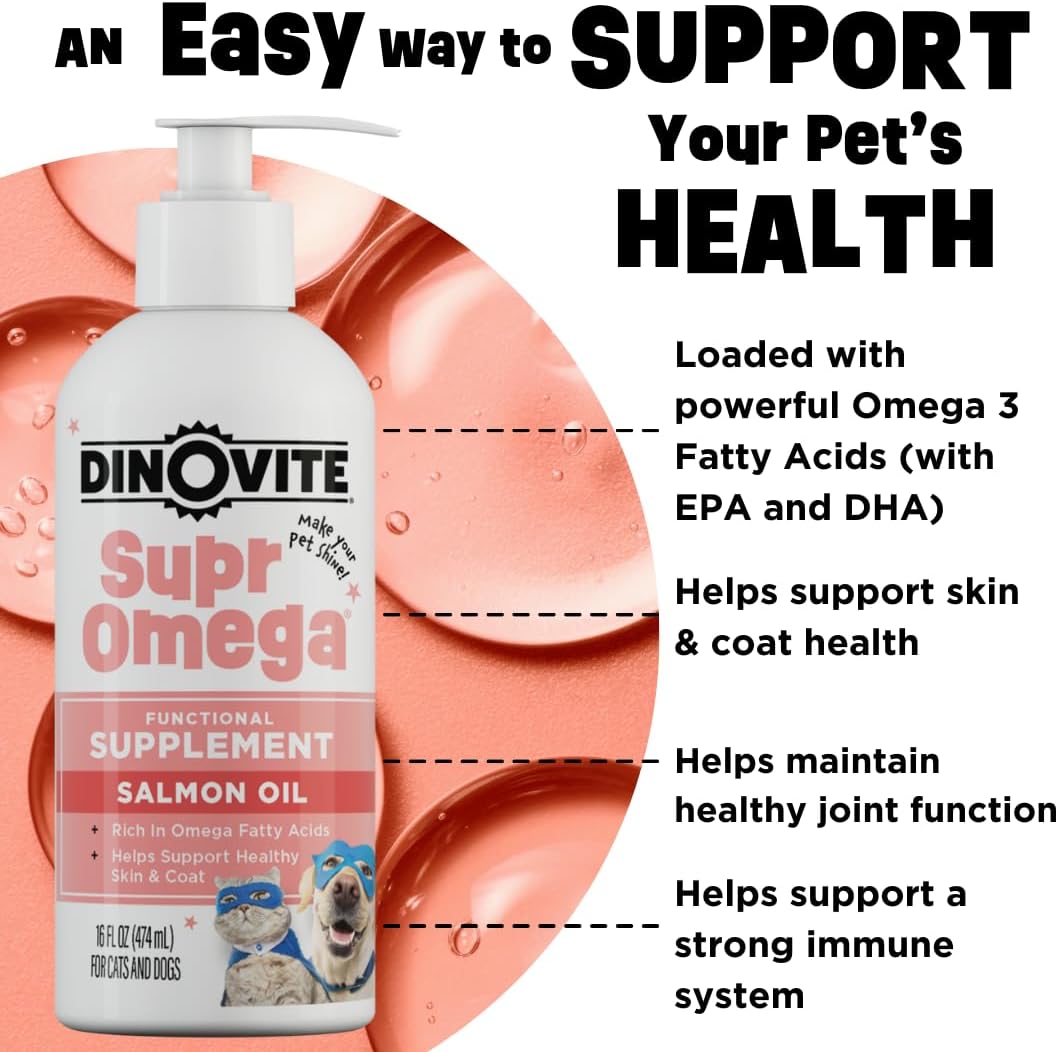 Dinovite SuprOmega Wild Caught Salmon Oil for Dogs & Cats - GMO Free Omega 3 Skin & Coat Supplement - Skin & Coat Meal Topper for Dogs & Cats - 16 oz-4