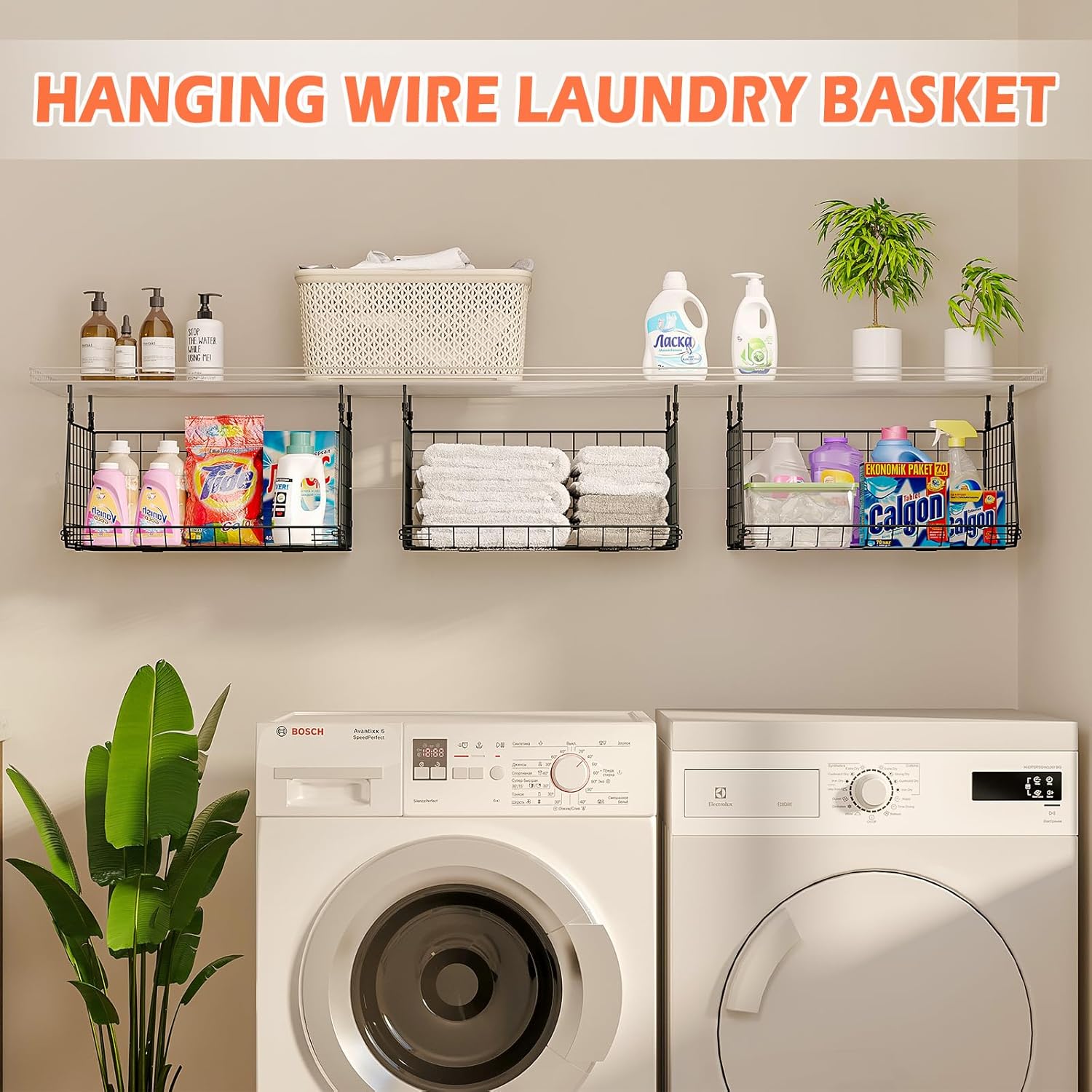 3-Tier Hanging Metal Laundry Basket：Foldable Laundry Room Organizer Wire Shelf Basket with 360°Rotating Hooks Space Saving Over Washer and Dryer Shelves - Closet Storage in Laundry Room Organizaton-1