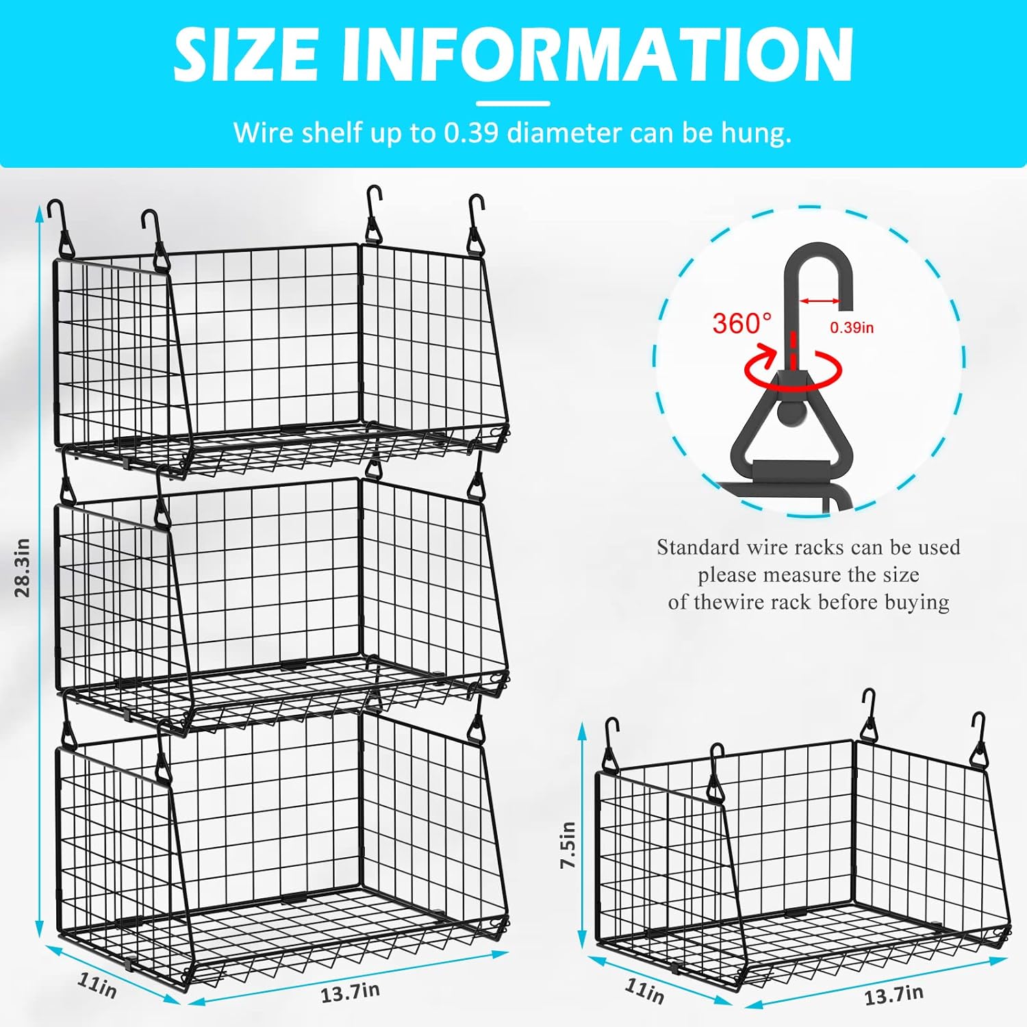 3-Tier Hanging Metal Laundry Basket：Foldable Laundry Room Organizer Wire Shelf Basket with 360°Rotating Hooks Space Saving Over Washer and Dryer Shelves - Closet Storage in Laundry Room Organizaton-5