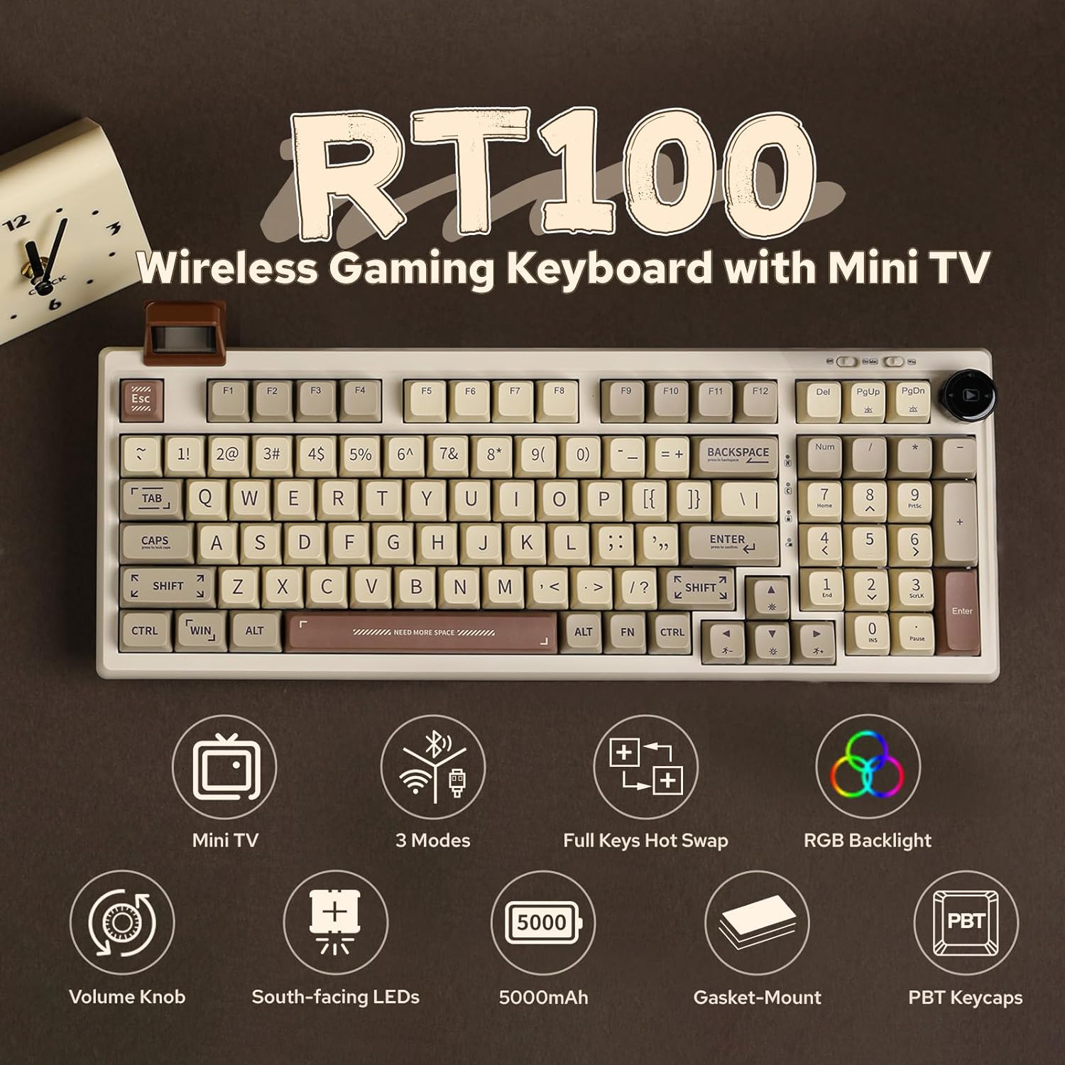 EPOMAKER RT100 Mechanical Keyboard, Retro Gaming Keyboard, with Display Screen, BT5.0/2.4G/USB-C 97 Keys Gasket Custom Keyboard, Hot Swappable, RGB Backlit, with Knob for Win/Mac (Gateron Pro Yellow)-1