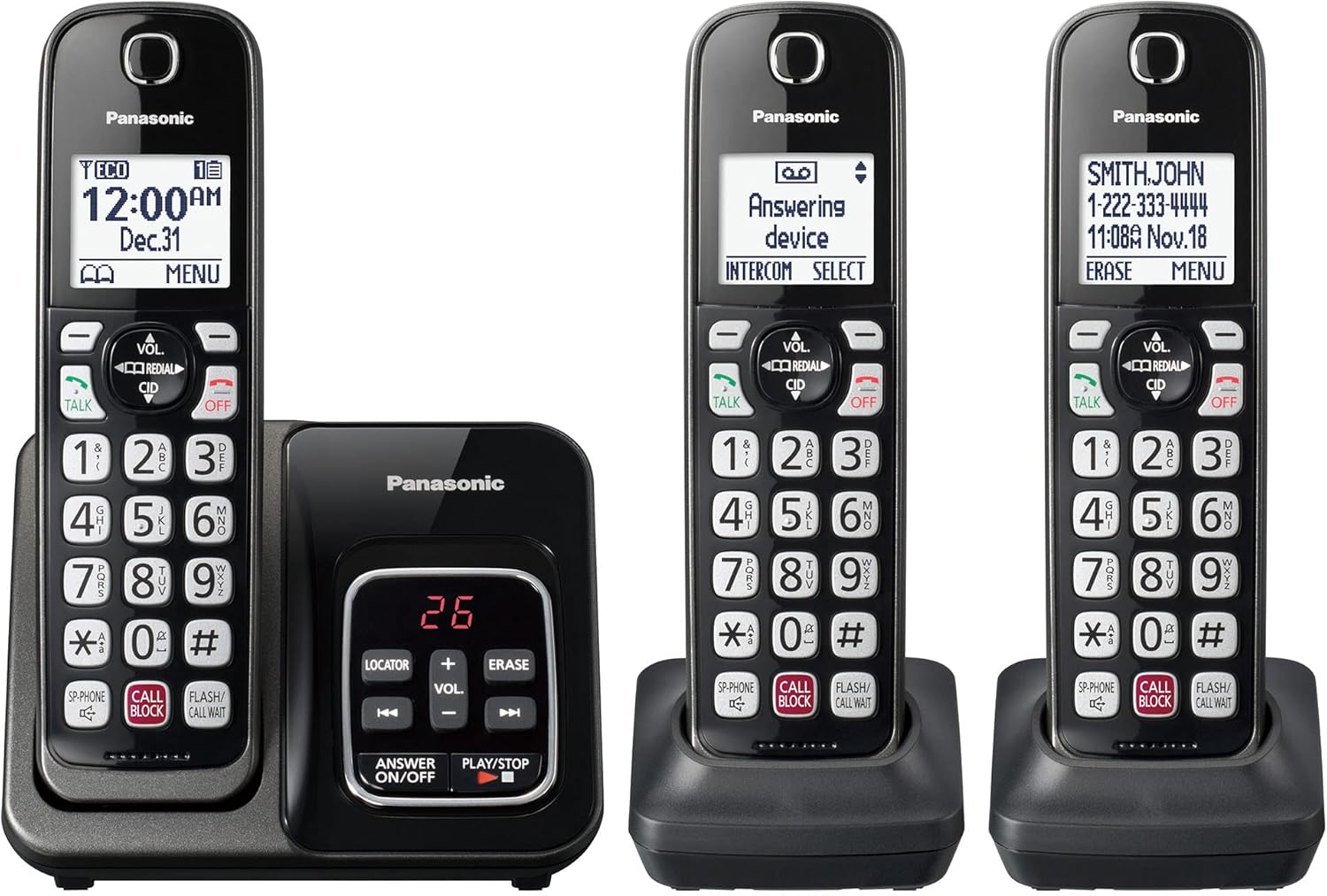 Panasonic Cordless Phone with Answering Machine, Advanced Call Block, Bilingual Caller ID and Easy to Read High-Contrast Display, Expandable System with 3 Handsets - KX-TGD833M (Metallic Black)-0