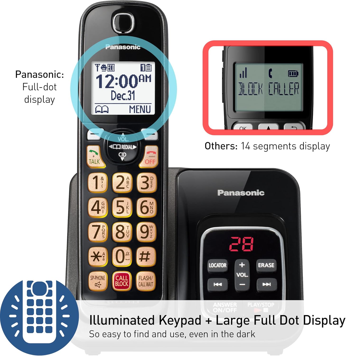 Panasonic Cordless Phone with Answering Machine, Advanced Call Block, Bilingual Caller ID and Easy to Read High-Contrast Display, Expandable System with 3 Handsets - KX-TGD833M (Metallic Black)-4