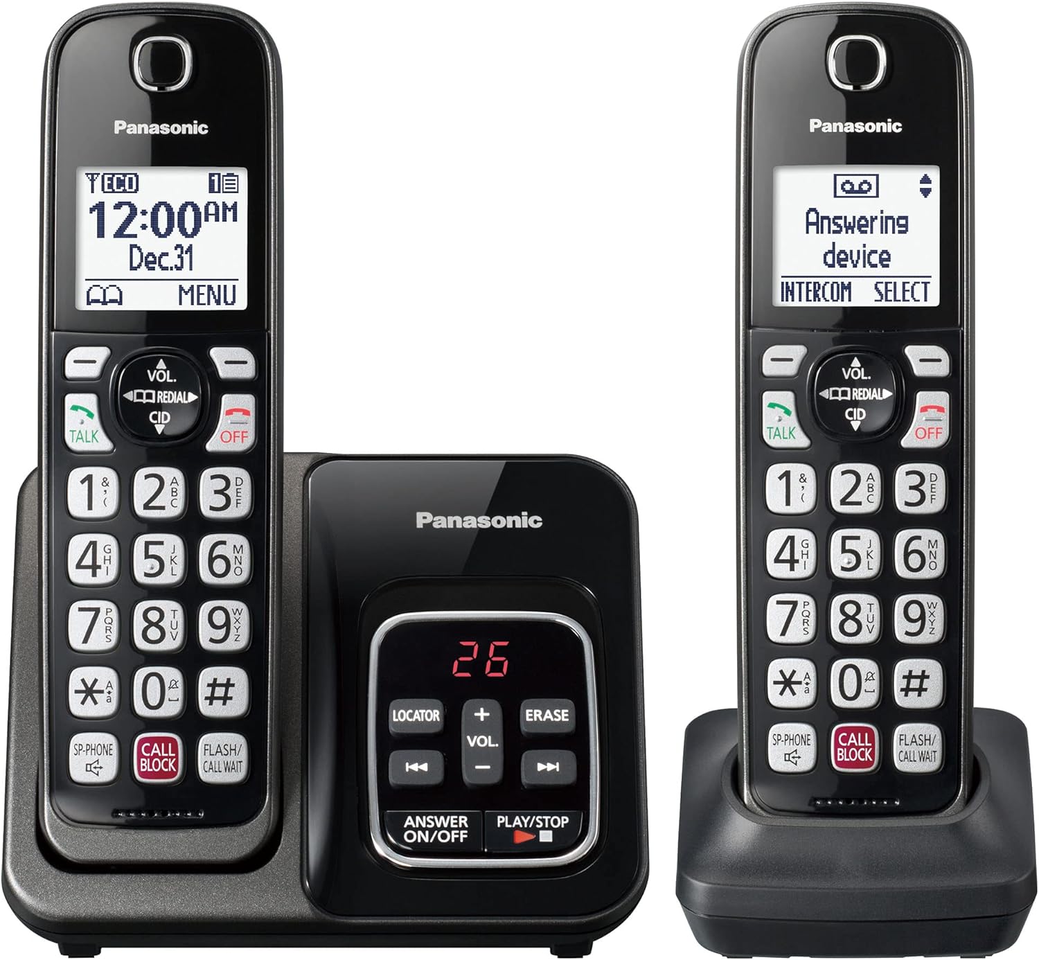 Panasonic Cordless Phone with Answering Machine, Advanced Call Block, Bilingual Caller ID and Easy to Read High-Contrast Display, Expandable System with 2 Handsets - KX-TGD832M (Metallic Black)-0