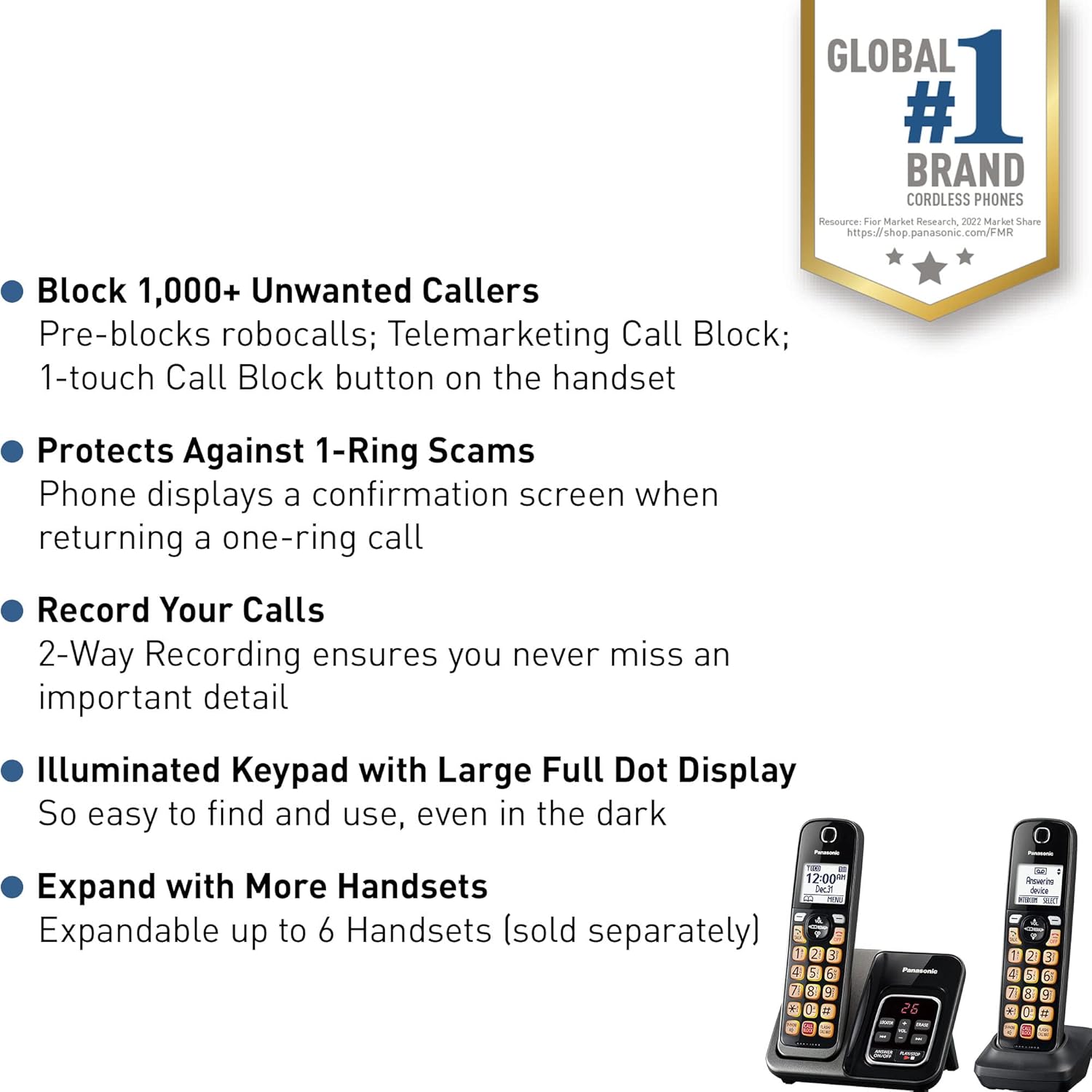 Panasonic Cordless Phone with Answering Machine, Advanced Call Block, Bilingual Caller ID and Easy to Read High-Contrast Display, Expandable System with 2 Handsets - KX-TGD832M (Metallic Black)-1