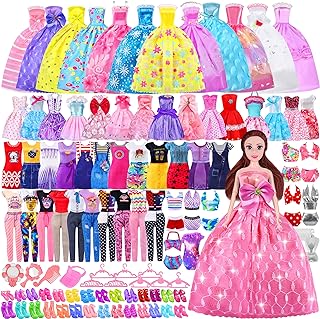 76 Pcs Doll Clothes and Accessories with Doll, Princess Gowns, Fashion Dresses, Slip Dresses, Top, Pants, Jumpsuit, Swimsuits, Shoes, Hangers, Doll Dress up Toys for Girls Kids Toddlers Toy Gifts