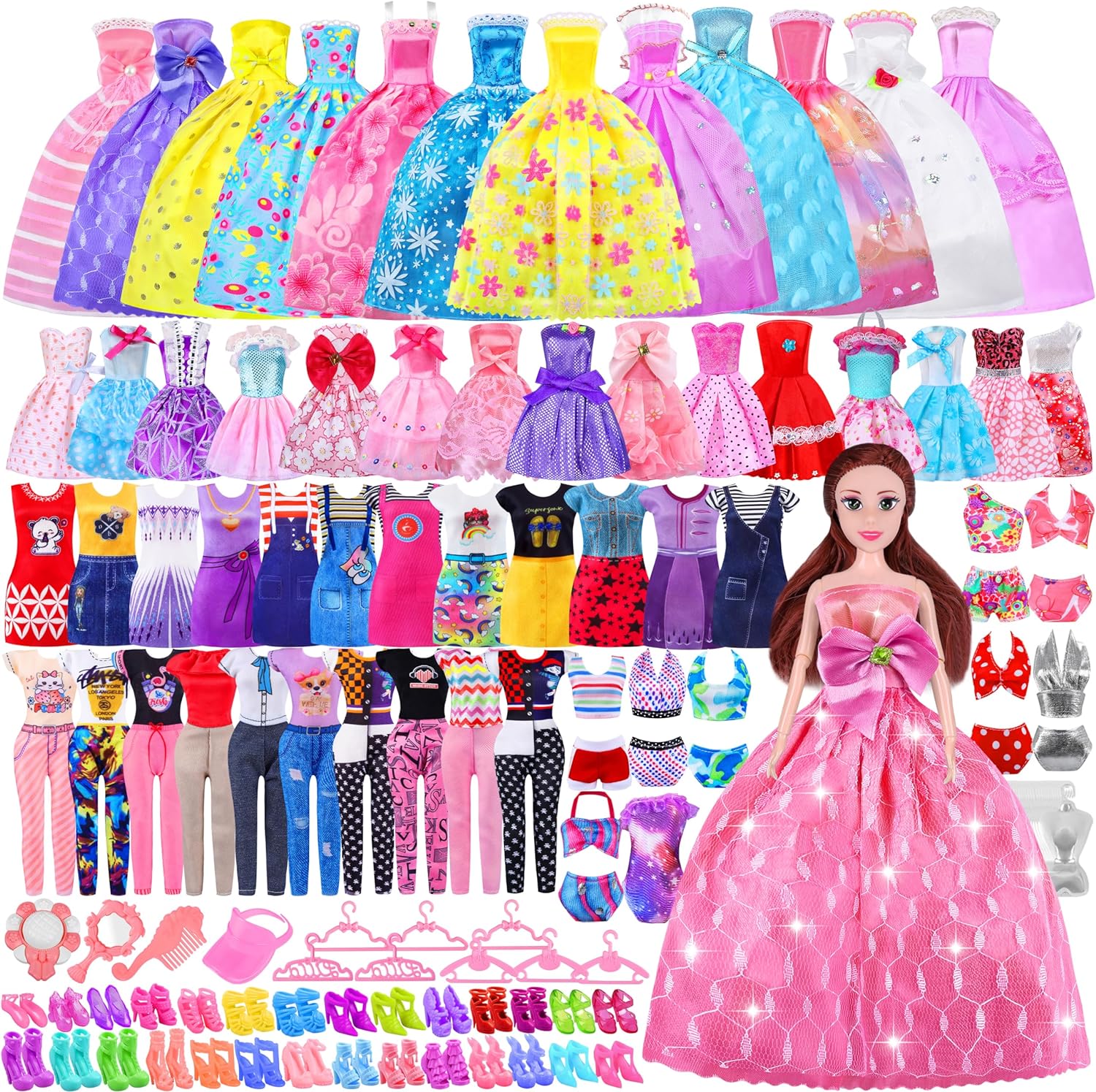 76 Pcs Doll Clothes and Accessories with Doll, Princess Gowns, Fashion Dresses, Slip Dresses, Top, Pants, Jumpsuit, Swimsuits, Shoes, Hangers, Doll Dress up Toys for Girls Kids Toddlers Toy Gifts-0