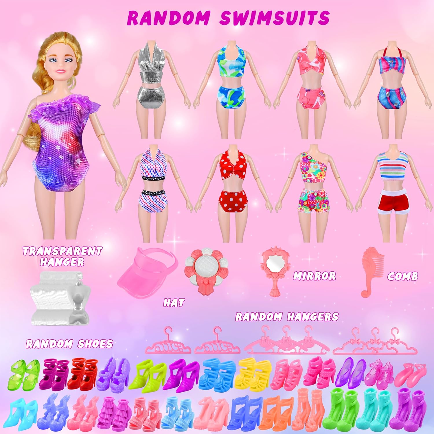 76 Pcs Doll Clothes and Accessories with Doll, Princess Gowns, Fashion Dresses, Slip Dresses, Top, Pants, Jumpsuit, Swimsuits, Shoes, Hangers, Doll Dress up Toys for Girls Kids Toddlers Toy Gifts-4