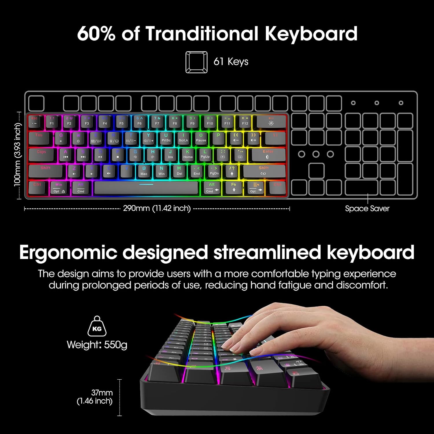 KOORUI Gaming Keyboard 60 Percent, Wired Ultra-Compact Mechanical Keyboard 61 Keys,26 RGB Backlit with Blue Switch Mini Keyboards for Windows MacOS Linux-Easy to Carry On Trip-1