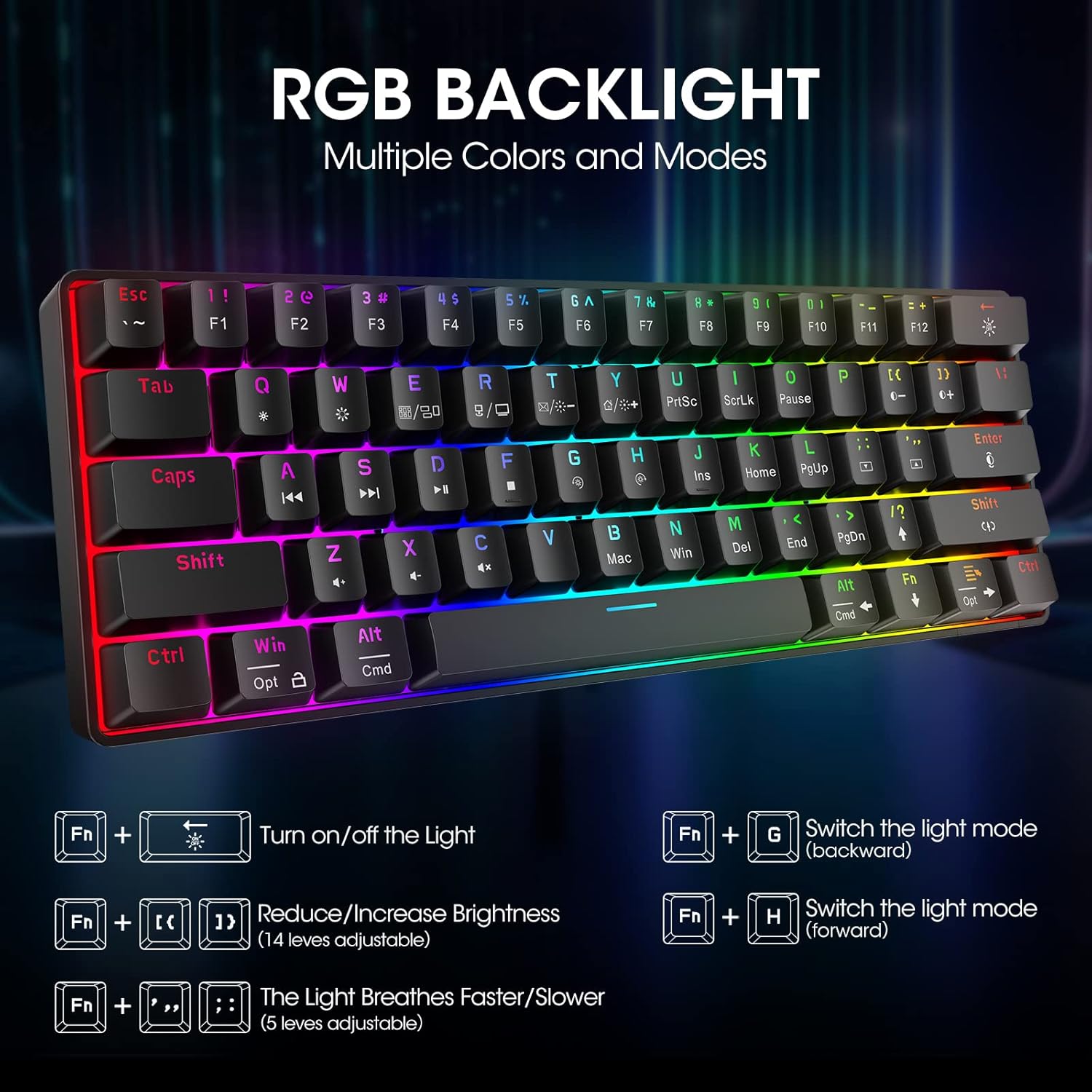 KOORUI Gaming Keyboard 60 Percent, Wired Ultra-Compact Mechanical Keyboard 61 Keys,26 RGB Backlit with Blue Switch Mini Keyboards for Windows MacOS Linux-Easy to Carry On Trip-3