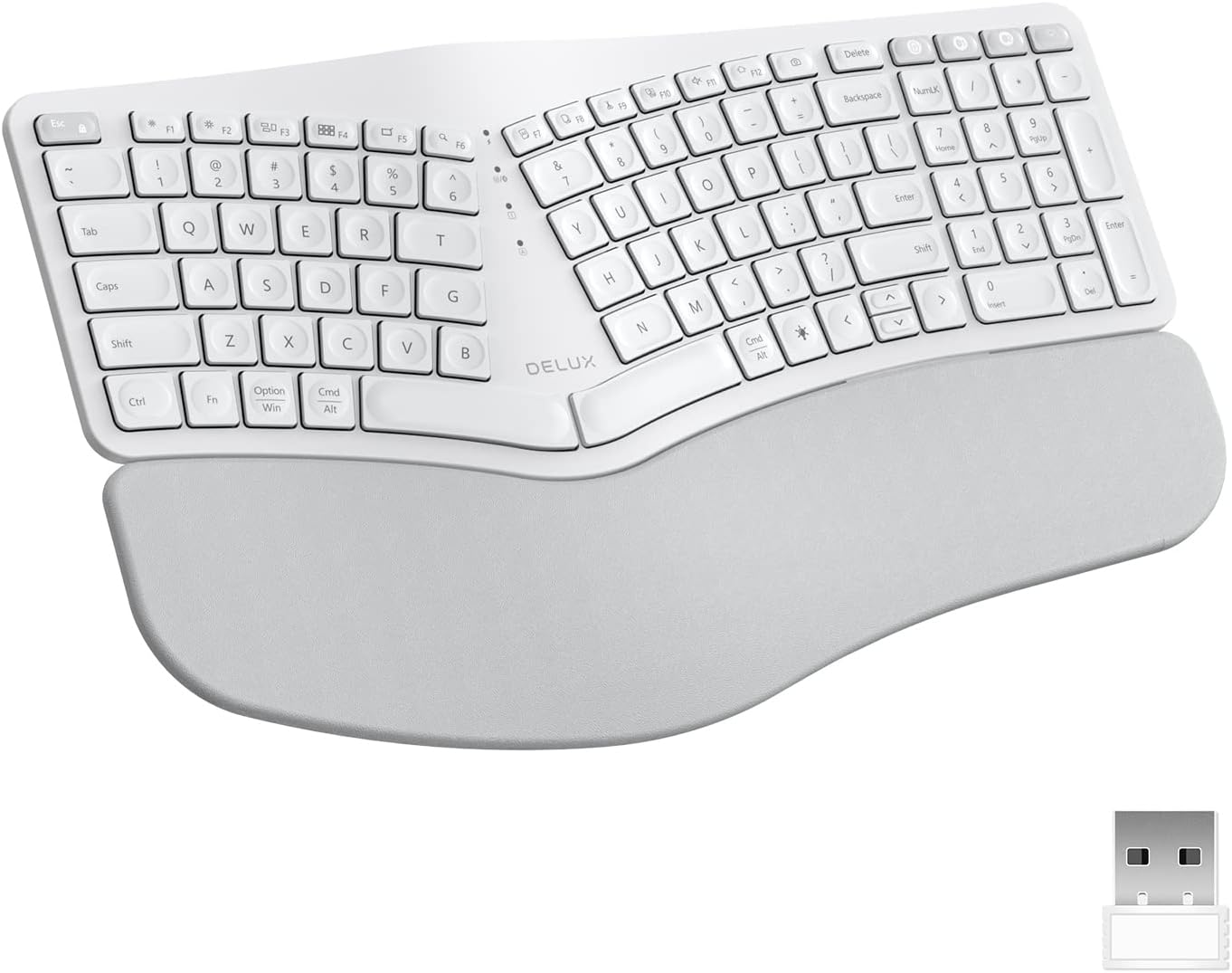 DeLUX Upgraded Ergonomic Wireless Ergo Split Keyboard with Backlit, 2.4G and Bluetooth, Scissor Switch and Palm Rest for Natural Typing, Compatible with Windows and Mac OS (GM902Pro-White)-0