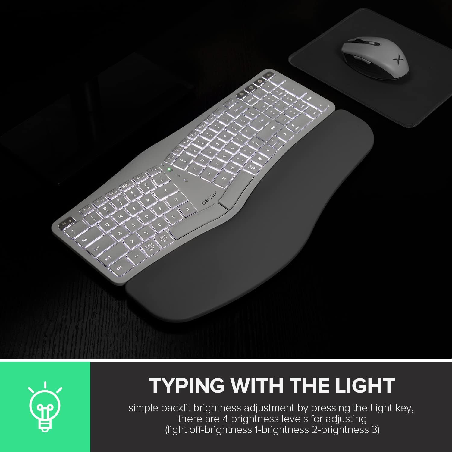 DeLUX Upgraded Ergonomic Wireless Ergo Split Keyboard with Backlit, 2.4G and Bluetooth, Scissor Switch and Palm Rest for Natural Typing, Compatible with Windows and Mac OS (GM902Pro-White)-5