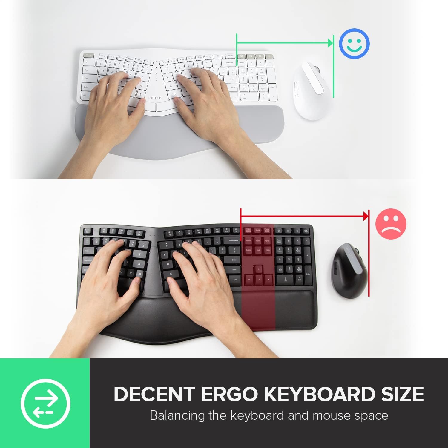 DeLUX Upgraded Ergonomic Wireless Ergo Split Keyboard with Backlit, 2.4G and Bluetooth, Scissor Switch and Palm Rest for Natural Typing, Compatible with Windows and Mac OS (GM902Pro-White)-6