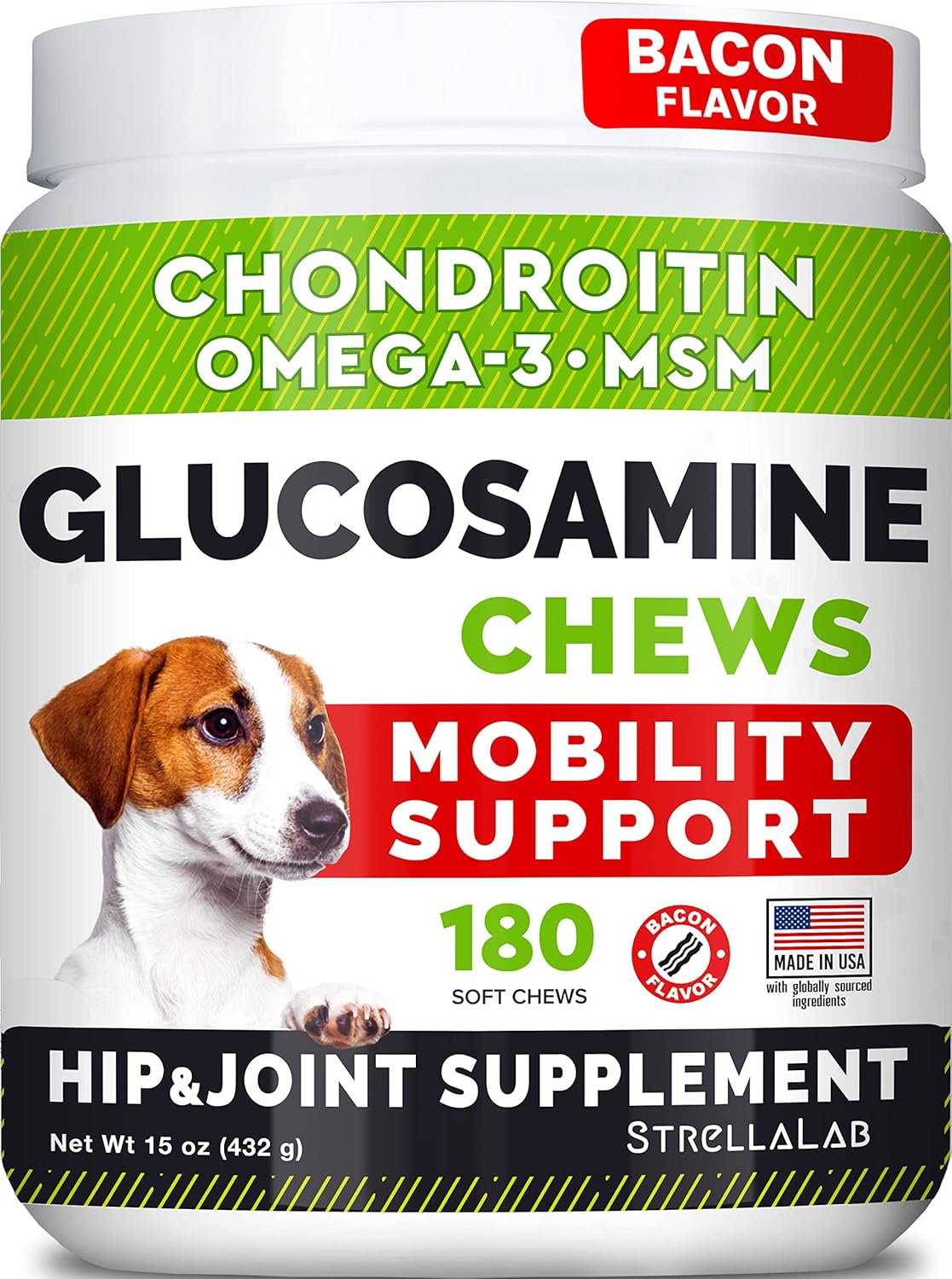 STRELLALAB Glucosamine Treats for Dogs - Joint Supplement w/Omega-3 Fish Oil - Chondroitin, MSM - Advanced Mobility Chews - Joint Pain Relief - Hip & Joint Care - Bacon Flavor - 180 Ct - Made in USA-0