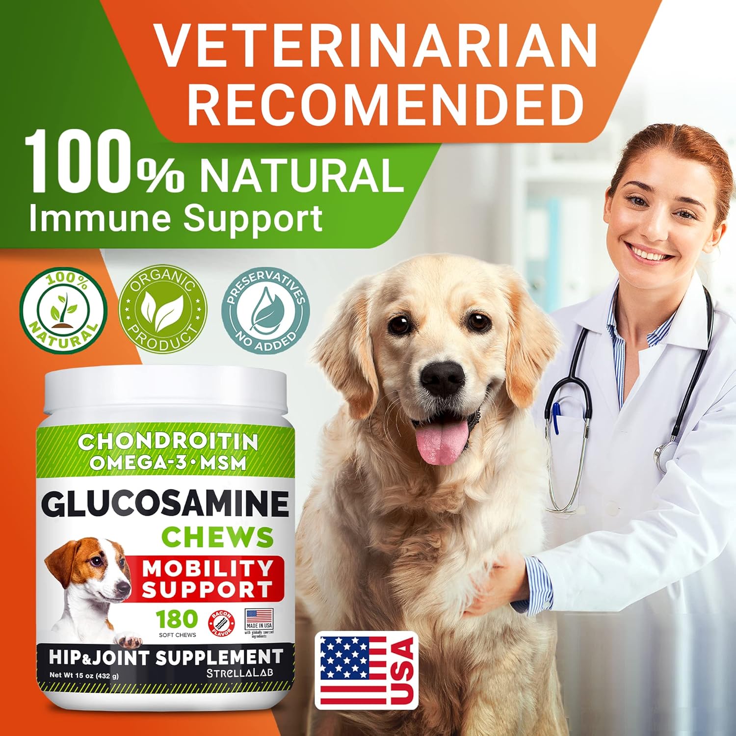 STRELLALAB Glucosamine Treats for Dogs - Joint Supplement w/Omega-3 Fish Oil - Chondroitin, MSM - Advanced Mobility Chews - Joint Pain Relief - Hip & Joint Care - Bacon Flavor - 180 Ct - Made in USA-6