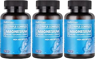 BioEmblem High Absorption Triple Magnesium Complex 300mg | Magnesium Glycinate for Nerves, Magnesium Malate for Energy, Magnesium Supplement to Support Muscle Health | Vegan, Non-GMO 270 Capsules