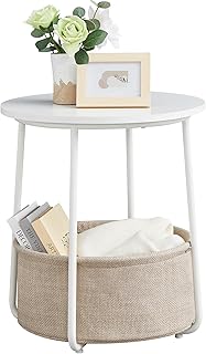 VASAGLE End Table, Small Bedside Table with Fabric Basket, Modern Nightstand, Round Side Table, for Living Room, Bedroom, Matte White and Camel Brown ULET223W10