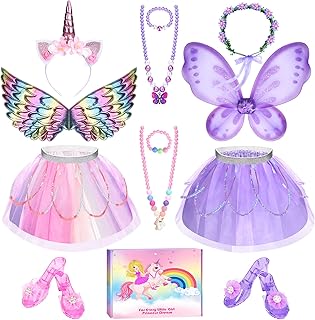 Unicorn & Flower Princess Dress Up Clothes Set for Girls - Tutu, Wings, Shoes, Jewelry, Headband & Play Toys Gift Set for Toddlers