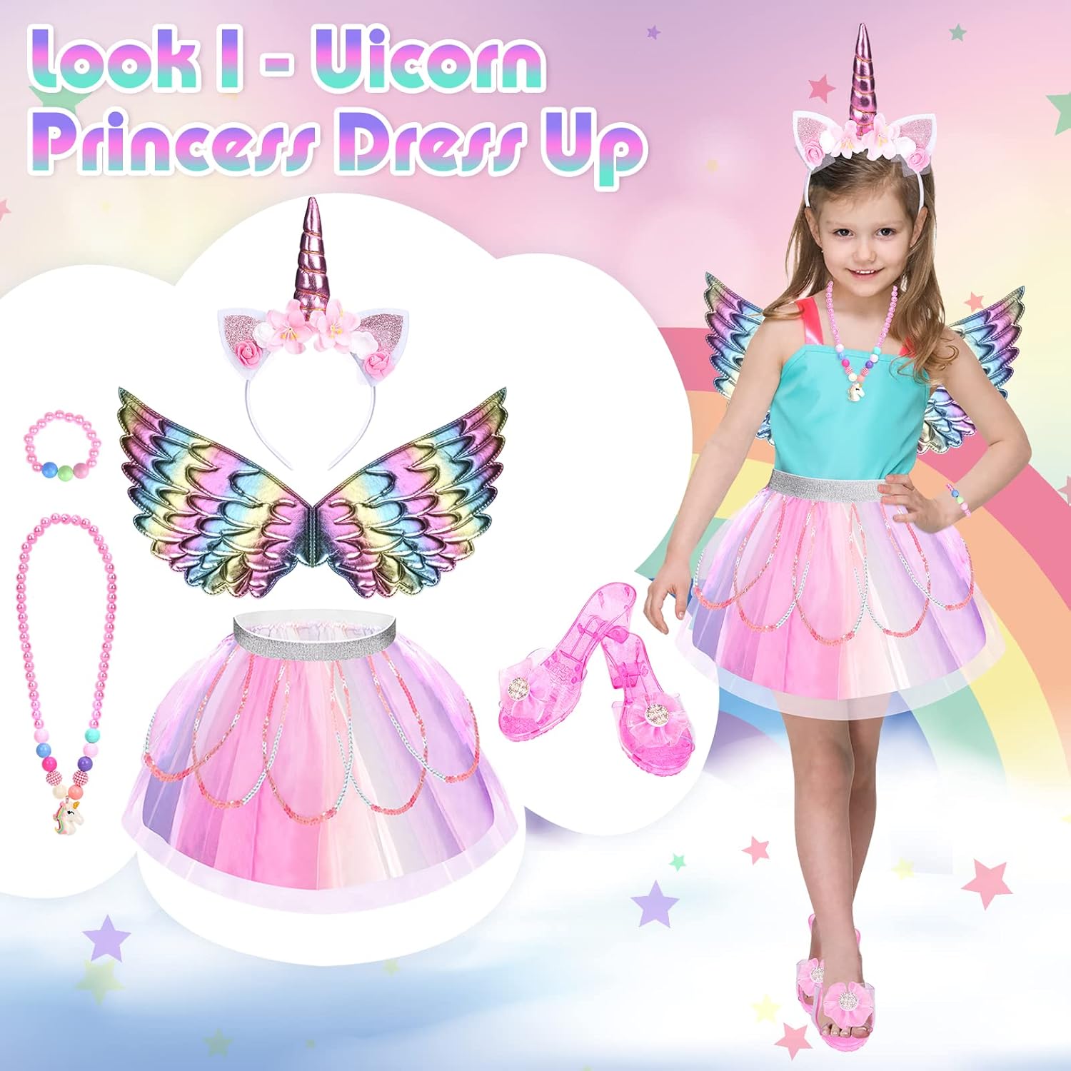 Unicorn & Flower Princess Dress Up Clothes Set for Girls - Tutu, Wings, Shoes, Jewelry, Headband & Play Toys Gift Set for Toddlers-1