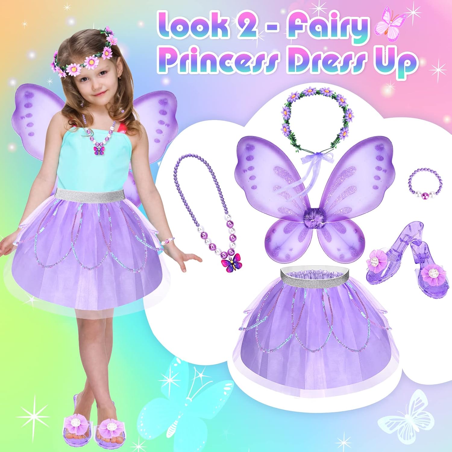 Unicorn & Flower Princess Dress Up Clothes Set for Girls - Tutu, Wings, Shoes, Jewelry, Headband & Play Toys Gift Set for Toddlers-2