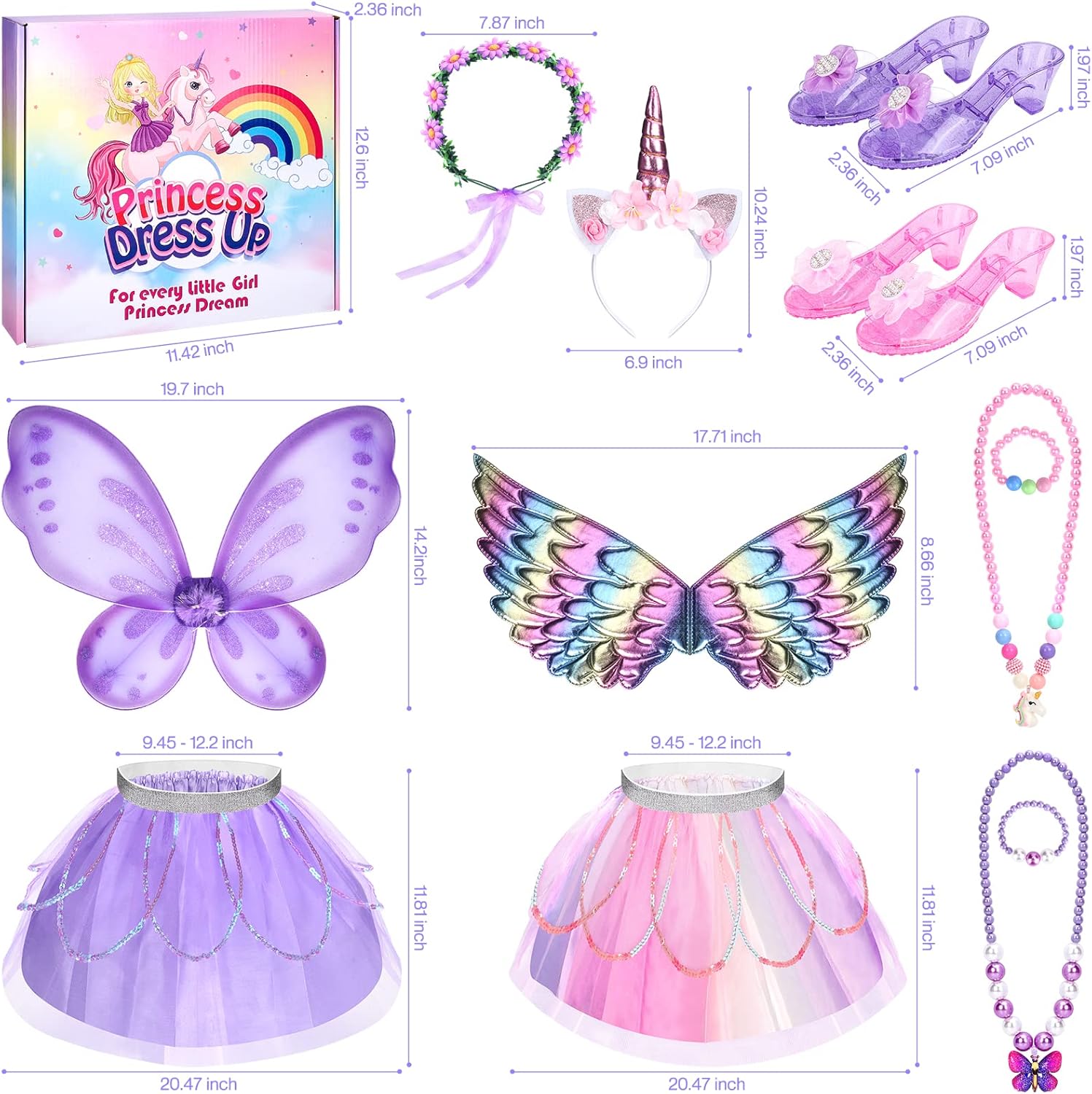 Unicorn & Flower Princess Dress Up Clothes Set for Girls - Tutu, Wings, Shoes, Jewelry, Headband & Play Toys Gift Set for Toddlers-6