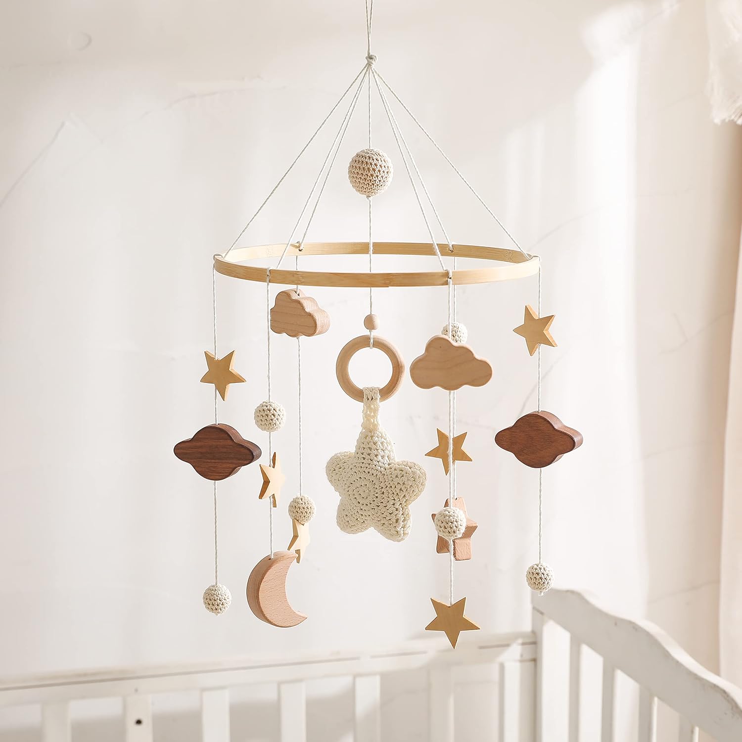 Baby Crib Mobile for Boys Girls| Boho Nursery Mobile| Gender Neutral Hand-Crocheted Mobile| Ceiling Mobile - Stars, Clouds, Moon-0