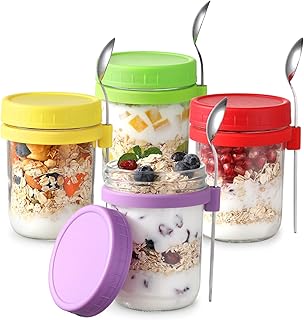 LANDNEOO 4 Pack Overnight Oats Containers with Lids and Spoons, 16 oz Glass Mason Overnight Oats Jars, Large Capacity Airtight Jars for Milk, Cereal, Fruit