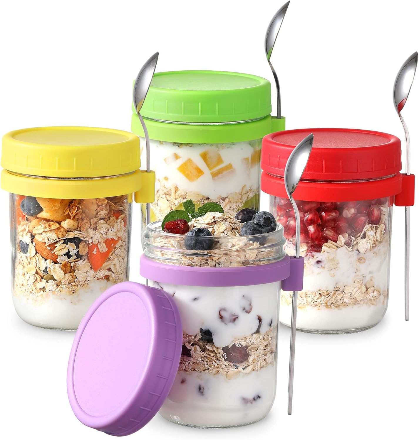 LANDNEOO 4 Pack Overnight Oats Containers with Lids and Spoons, 16 oz Glass Mason Overnight Oats Jars, Large Capacity Airtight Jars for Milk, Cereal, Fruit-0