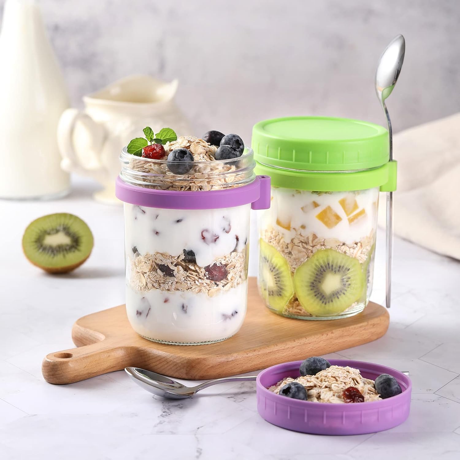 LANDNEOO 4 Pack Overnight Oats Containers with Lids and Spoons, 16 oz Glass Mason Overnight Oats Jars, Large Capacity Airtight Jars for Milk, Cereal, Fruit-4