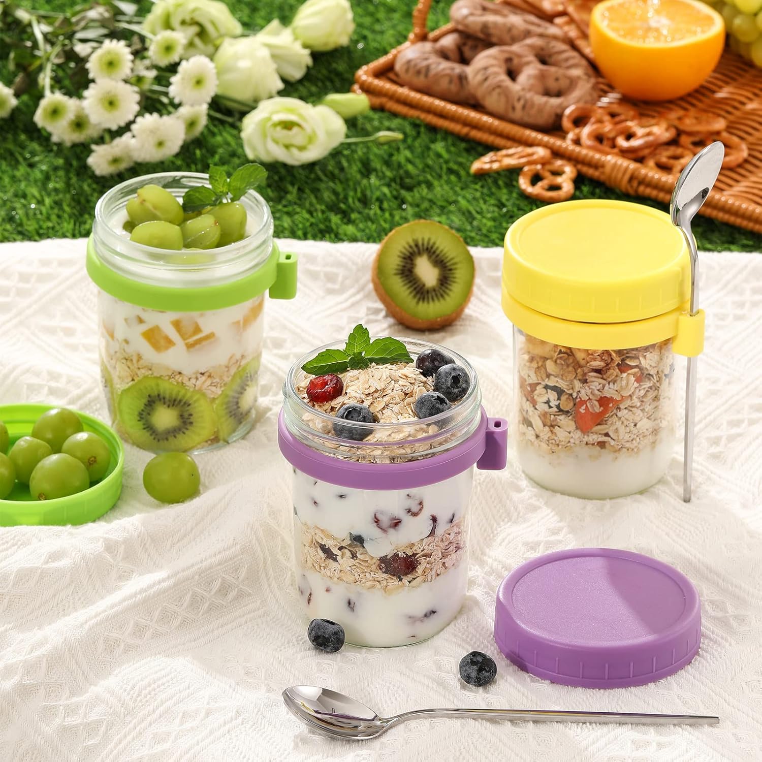 LANDNEOO 4 Pack Overnight Oats Containers with Lids and Spoons, 16 oz Glass Mason Overnight Oats Jars, Large Capacity Airtight Jars for Milk, Cereal, Fruit-7