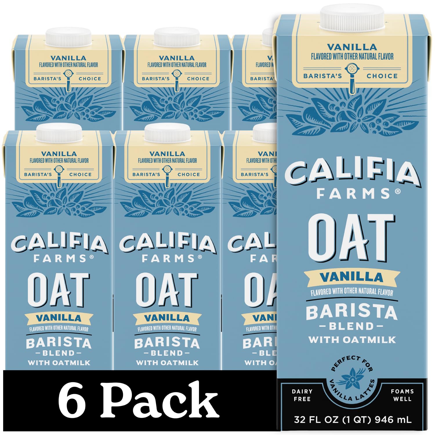 Califia Farms – Vanilla Oat Barista Blend Oat Milk, 32 Oz (Pack of 6), Shelf Stable, Dairy Free, Plant Based, Vegan, Gluten Free, Non GMO, Milk Frother, Creamer, Blue-0