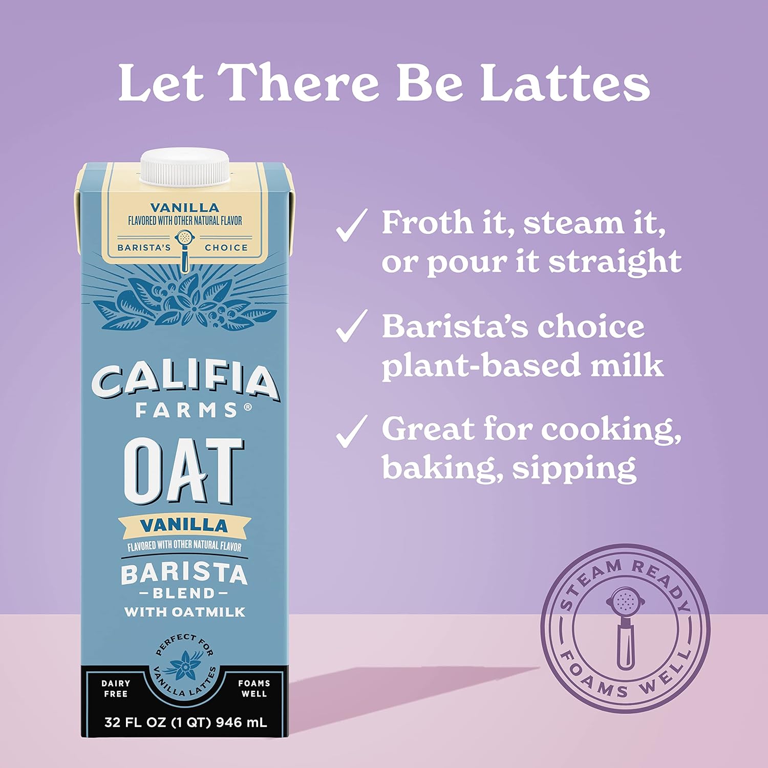 Califia Farms – Vanilla Oat Barista Blend Oat Milk, 32 Oz (Pack of 6), Shelf Stable, Dairy Free, Plant Based, Vegan, Gluten Free, Non GMO, Milk Frother, Creamer, Blue-1