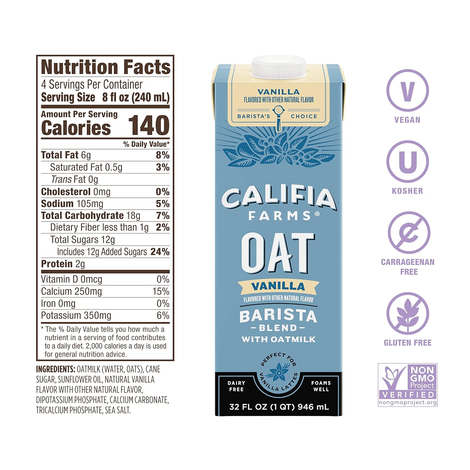 Califia Farms – Vanilla Oat Barista Blend Oat Milk, 32 Oz (Pack of 6), Shelf Stable, Dairy Free, Plant Based, Vegan, Gluten Free, Non GMO, Milk Frother, Creamer, Blue-4