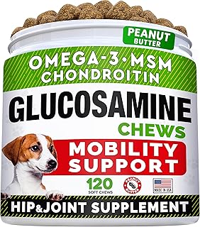 Glucosamine Treats for Dogs - Joint Supplement w/Omega-3 Fish Oil - Chondroitin, MSM - Advanced Mobility Chews - Joint Pain Relief - Hip & Joint Care - Peanut Butter Flavor - 120 Ct