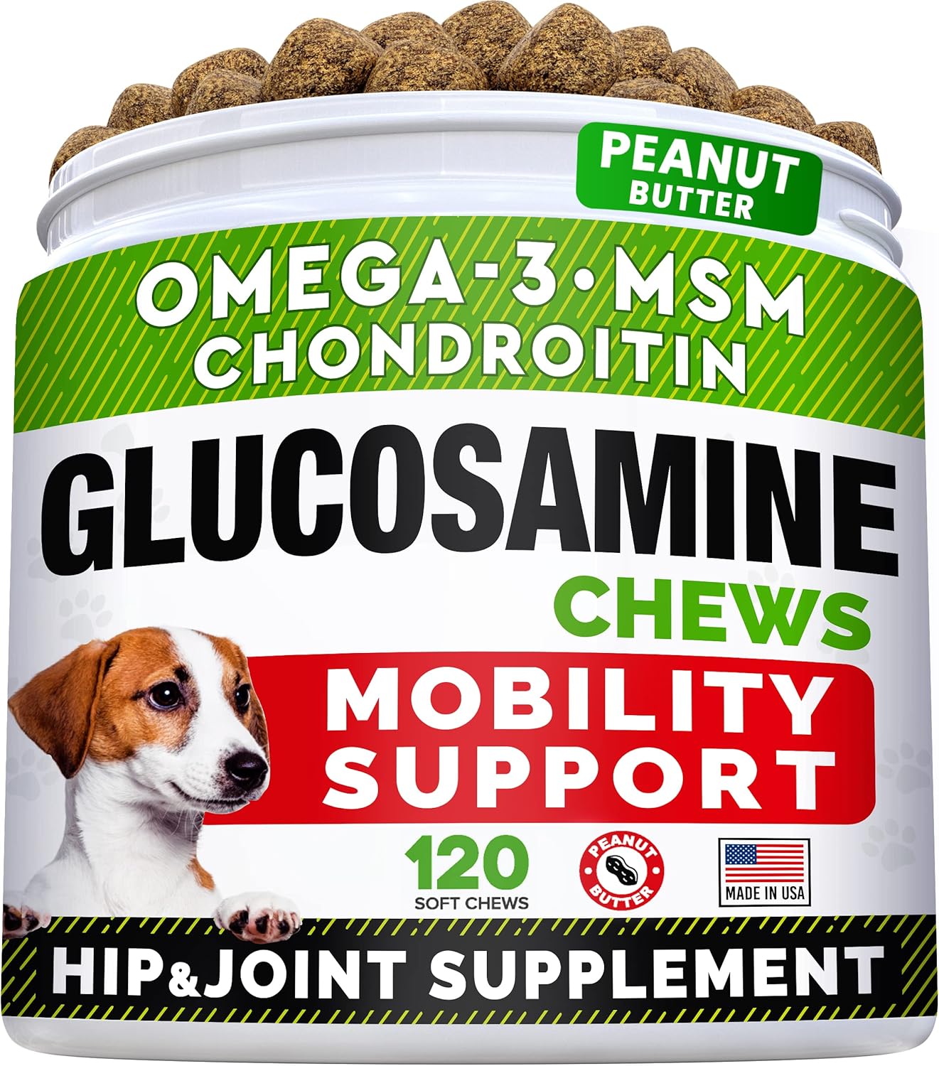 Glucosamine Treats for Dogs - Joint Supplement w/Omega-3 Fish Oil - Chondroitin, MSM - Advanced Mobility Chews - Joint Pain Relief - Hip & Joint Care - Peanut Butter Flavor - 120 Ct-0