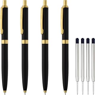 LINFANC 4 Pack Ballpoint Pens, Premium Retractable Metal Ballpoint Pen, Matte Black with Gold Trim, Medium Point 1.0mm Black Ink Pen for Home School Work Office Supplies, Extra 4 Refills