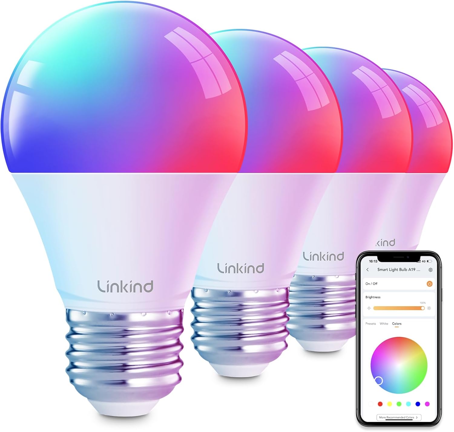 Linkind Smart Light Bulbs, Smart Bulb That Work with Alexa & Google Home, LED Light Bulbs Color Changing, 64 Preset Scenes, Music Sync, A19 E26 2.4GHz RGBTW WiFi Bluetooth Light Bulb 60W, 800LM, 4Pack-0